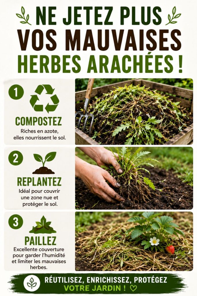 Infographie pour montrer 3 façons d'utiliser les mauvaises herbes arrachées