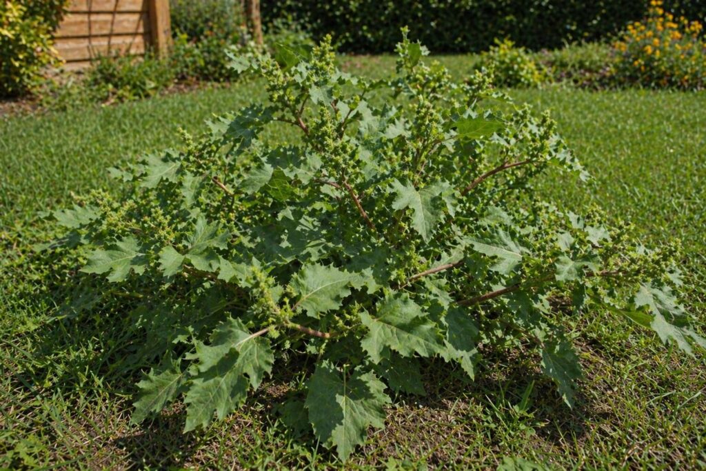 Une lampourde pousse dans un jardin
