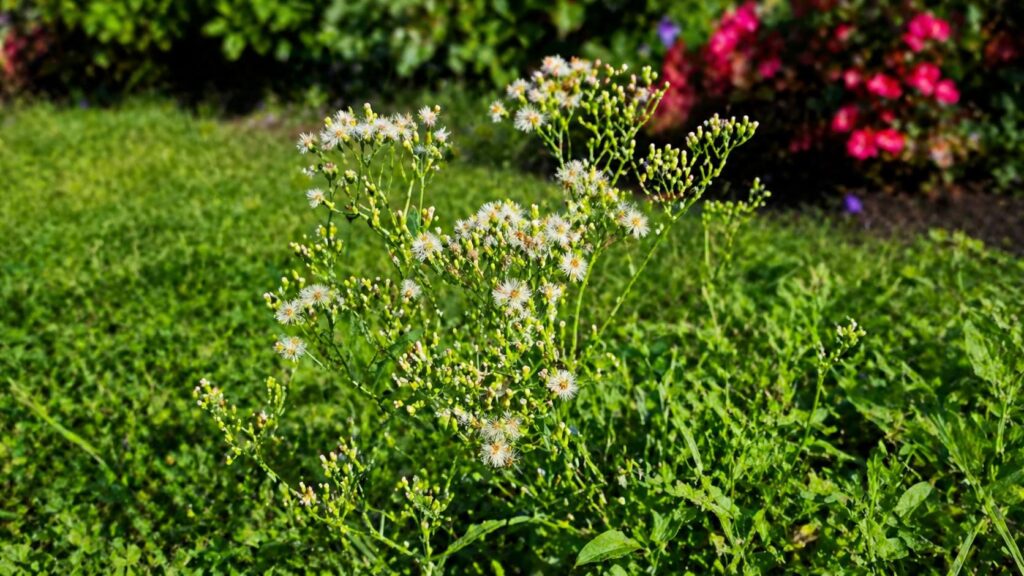 Une vergerette du Canada dans un jardin, une mauvaise herbe commune en France