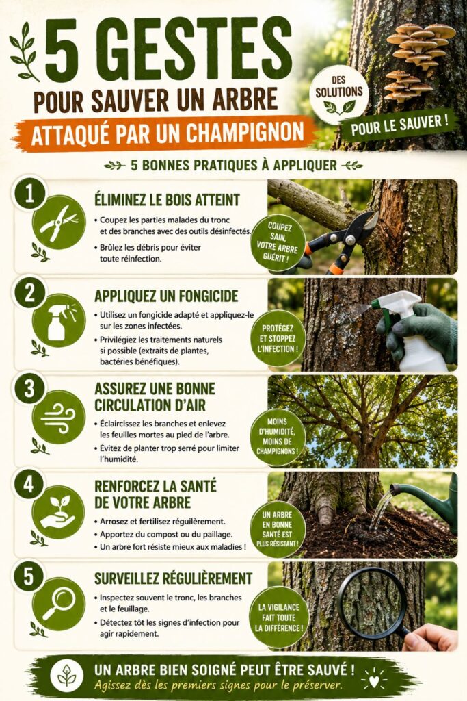 Infographie montrant les 5 gestes à réaliser pour sauver un arbre attaqué par un champignon