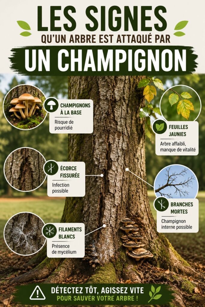 Infographie montrant les 5 signes d'infestation d'un arbre par des champignons