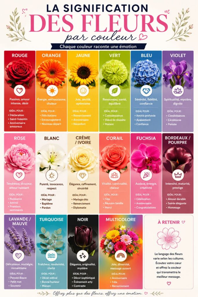 Tableau comparatif de la signification des fleurs par leurs couleurs